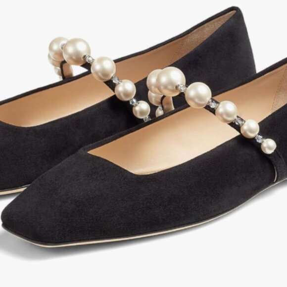 MIRAAZZURRA Mary Jane Pearl Strap Ballet Flats Square Toe Suede Black Size 10 - Picture 3 of 7
